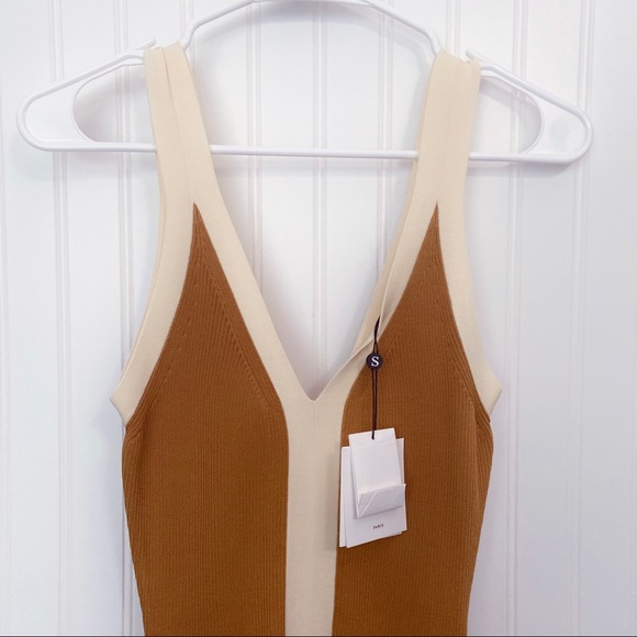 SANDRO Paris Nate Two-Toned Contrast-Trim Knitted Bodysuit In Ocre NWT - Picture 9 of 13